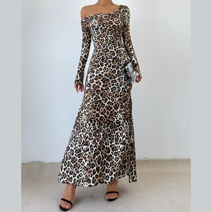 Leopard print one shoulder long sleeve slit maxi dress  | Festival Outfits Women-final-sale