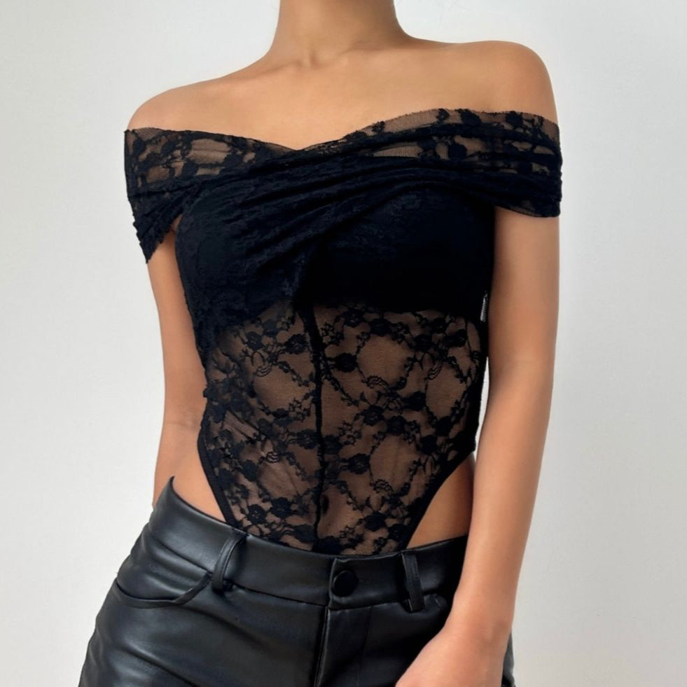 Off shoulder ruched lace button solid bodysuit  | Festival Outfits Women
