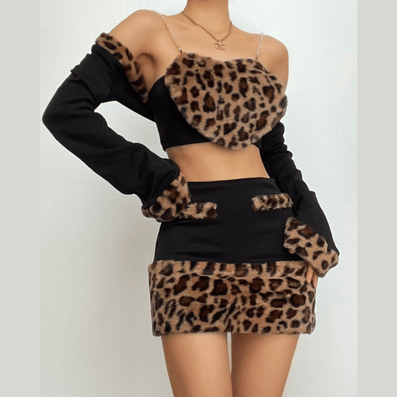 Long sleeve leopard print fluffy shrug sweetheart neck 2 piece mini skirt set  | Leopard Print Mini Dress