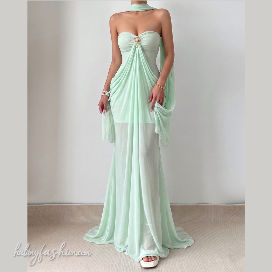 Ruched mesh sweetheart neck solid maxi dress