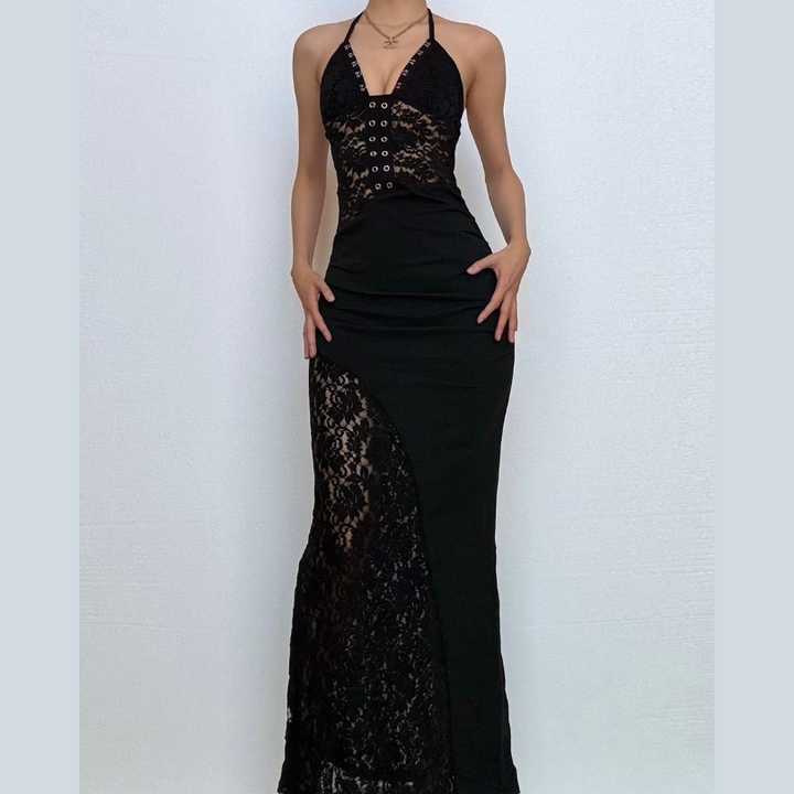 Lace v neck halter self tie ruched maxi dress  | Festival Outfits Women