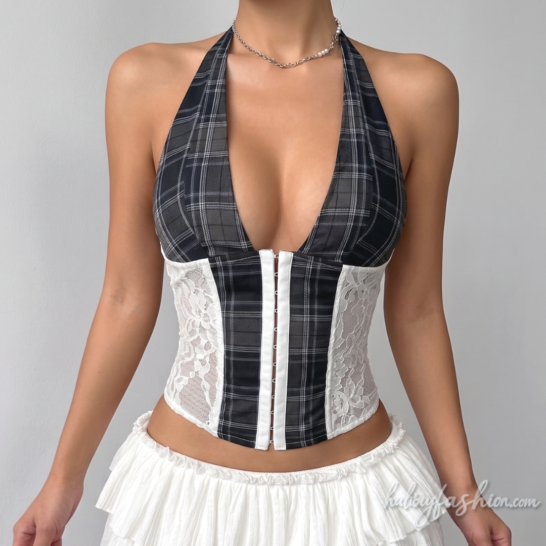 Plaid lace patchwork halter self tie v neck top