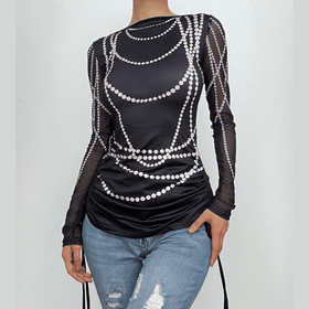 Drawstring long sleeve beaded print contrast backless top-final-sale  | Festival Outfits Women