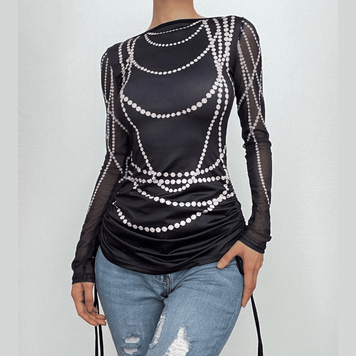 Drawstring long sleeve beaded print contrast backless top-final-sale  | Festival Outfits Women