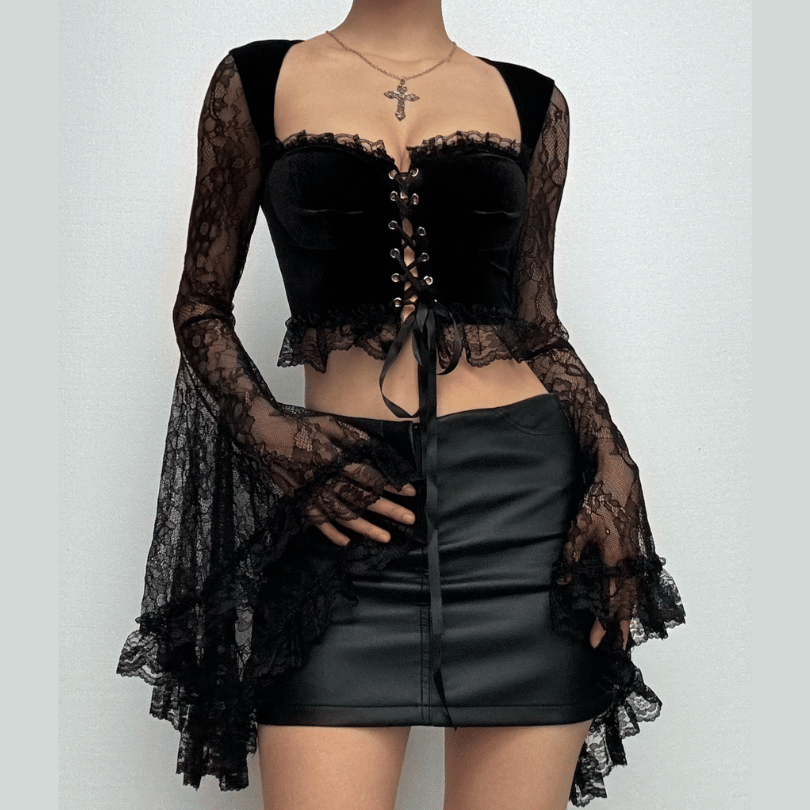 Long flared sleeve velvet lace patchwork ruffle lace up crop top  | Festival Outfits Women