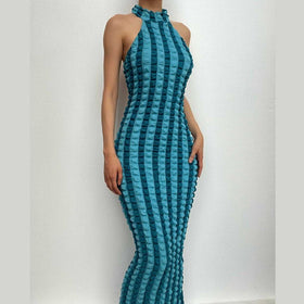 Waffle halter contrast backless high neck maxi dress-final-sale  | Festival Outfits Women