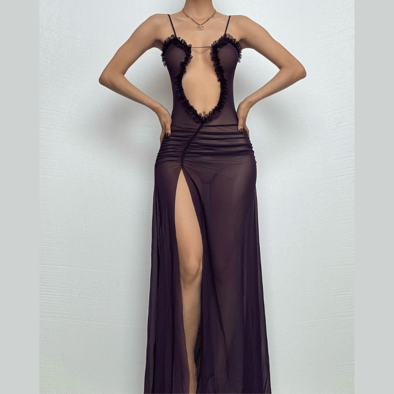 Sheer mesh hollow out ruched high slit cami cut out maxi dress  | Festival Outfits Women