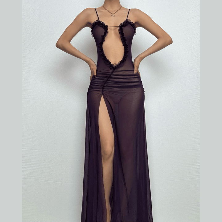 Sheer mesh hollow out ruched high slit cami cut out maxi dress  | Festival Outfits Women
