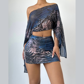 Mesh long sleeve off shoulder print mini skirt set  | Festival Outfits Women