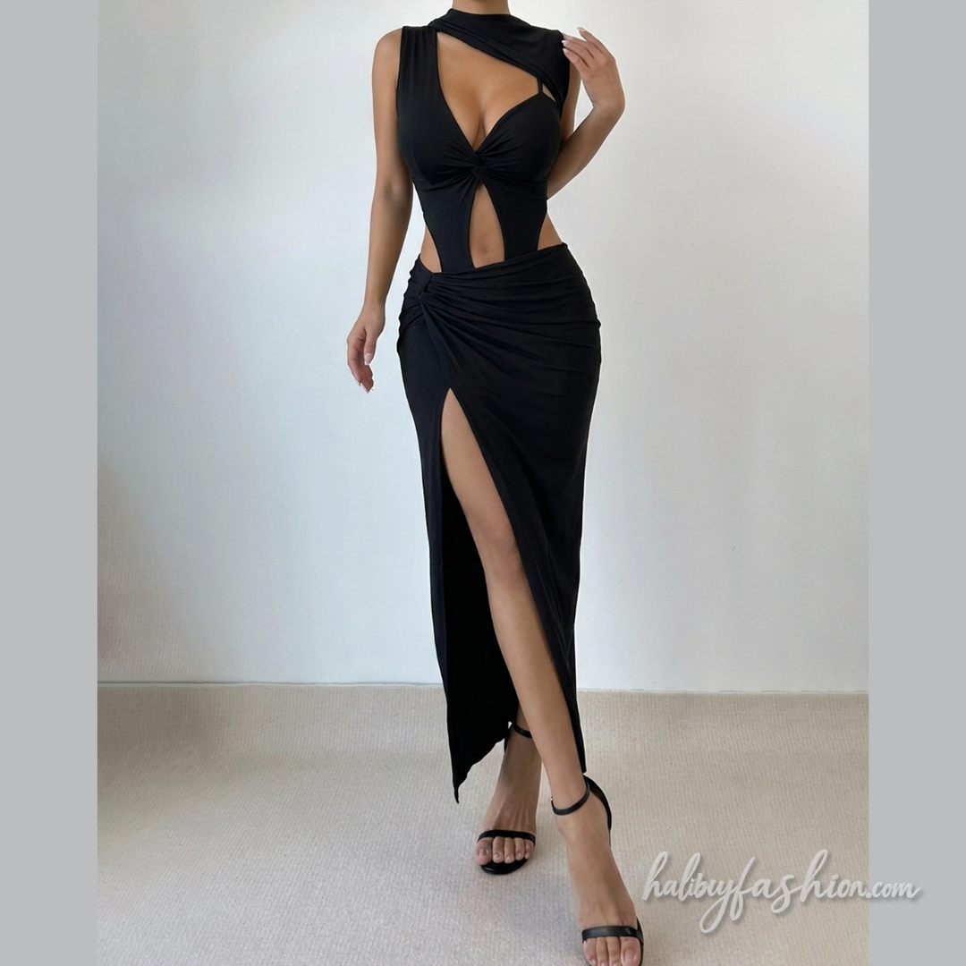 Irregular ruched hollow out slit cami maxi dress