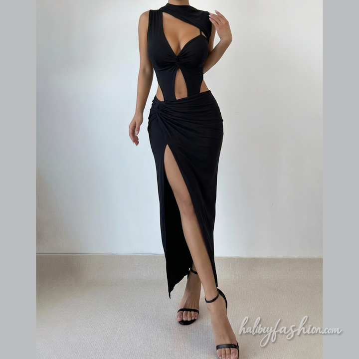 Irregular ruched hollow out slit cami maxi dress