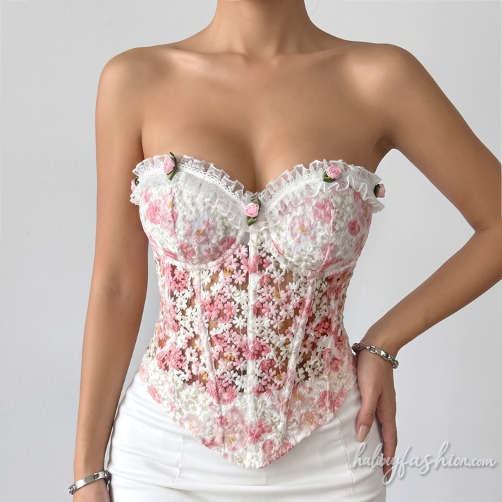 Ruffle flower applique corset lace up tube top - Halibuy