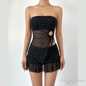 Hollow out ruched polka dot irregular mini skirt set
