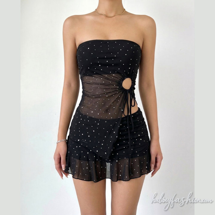 Hollow out ruched polka dot irregular mini skirt set