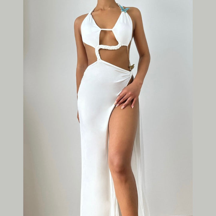 Slit hollow out halter butterfly applique cut out maxi dress  | Festival Outfits Women-final-sale