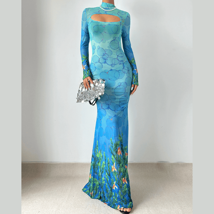 Long sleeve hollow out high neck print cut out maxi dress  | Festival Outfits Women