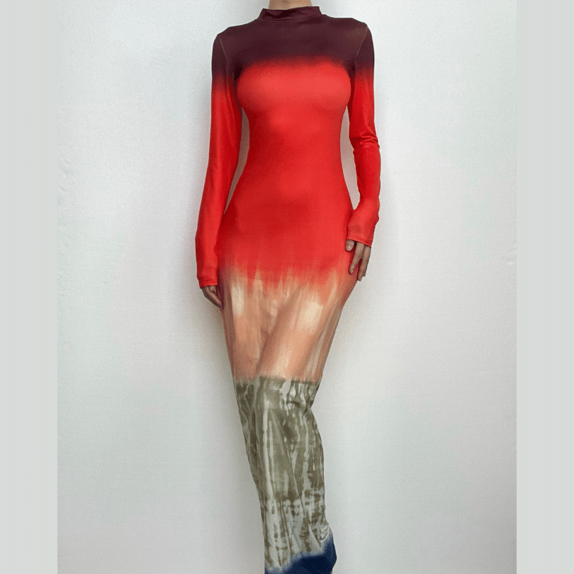 Tie dye print long sleeve high neck contrast maxi dress-final-sale  | Festival Outfits Women