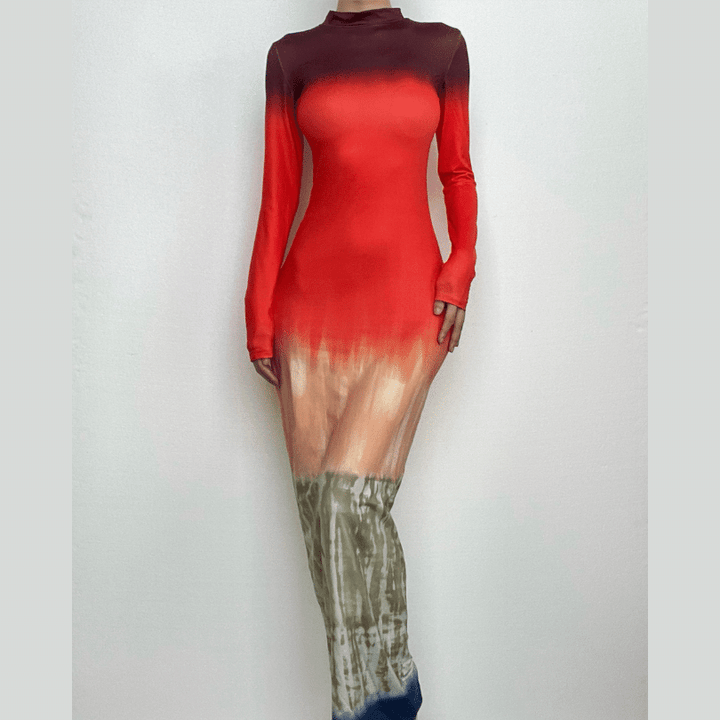 Tie dye print long sleeve high neck contrast maxi dress-final-sale  | Festival Outfits Women