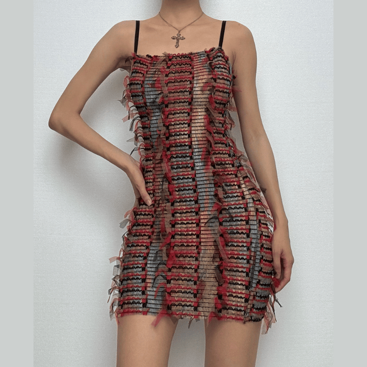 Mesh ruffle stitch contrast textured cami mini dress-final-sale  | Festival Outfits Women