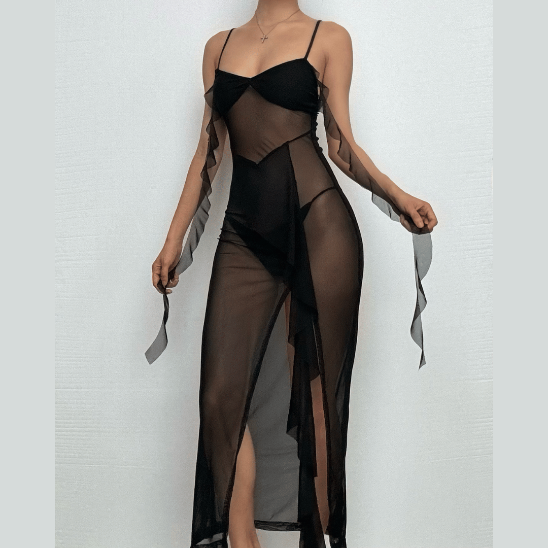 Sweetheart neck ruffle high slit sheer mesh cami midi dress  | Festival Outfits Women