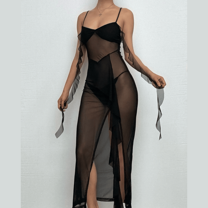 Sweetheart neck ruffle high slit sheer mesh cami midi dress  | Festival Outfits Women