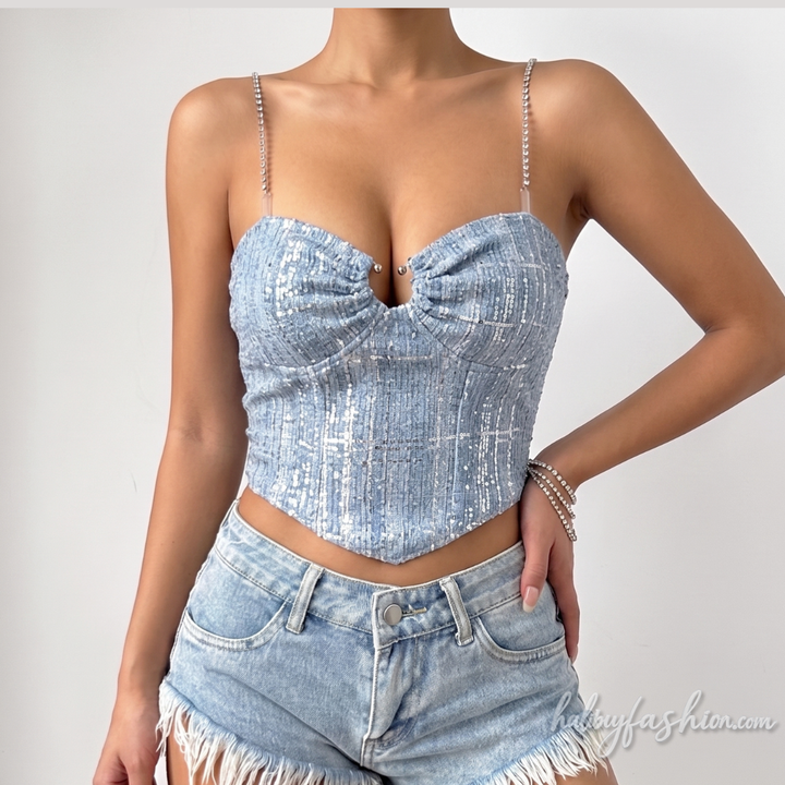 Glitter ruched metal chain backless cami top - Halibuy