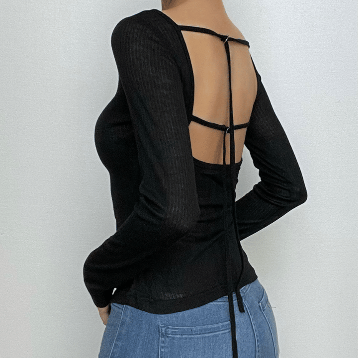 Round neck hollow out backless long sleeve solid cut out top