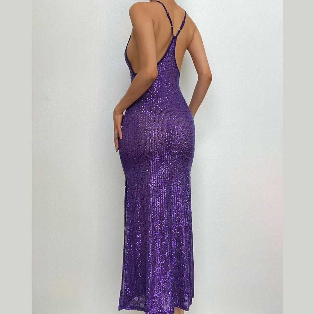 Glitter u neck see through backless cami maxi dress-final-sale  | Festival Outfits Women