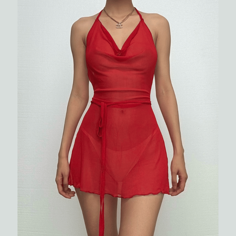 Halter cowl neck sheer mesh ruffle mini dress-final-sale