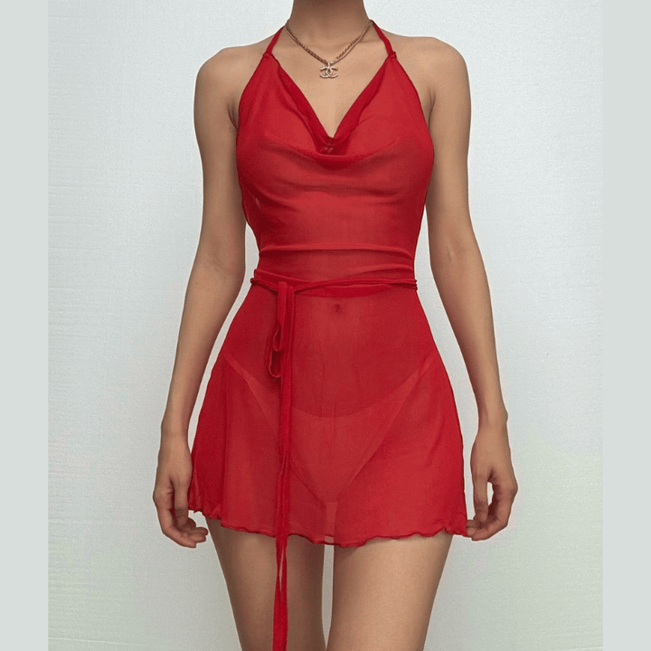Halter cowl neck sheer mesh ruffle mini dress-final-sale