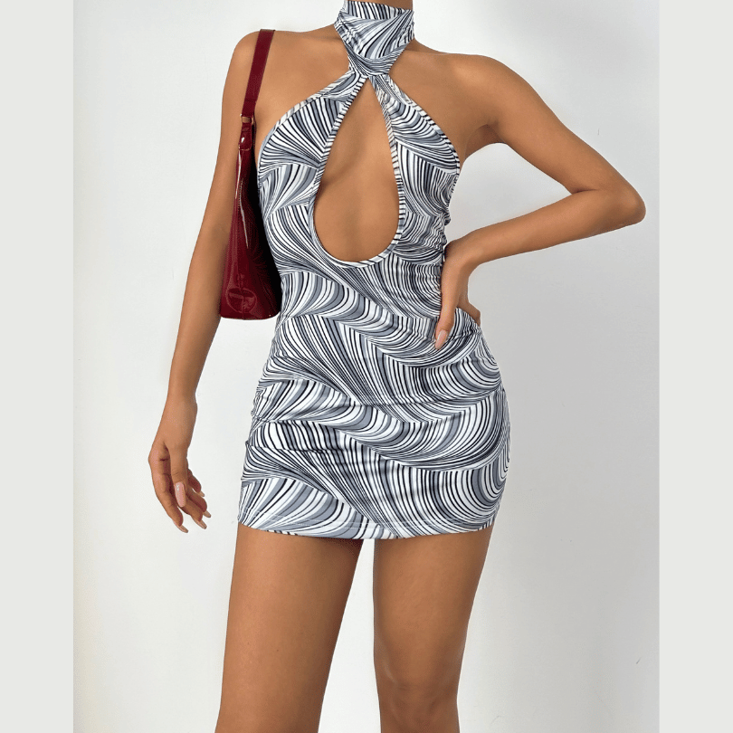 Ripple halter hollow out cut out mini dress  | Festival Outfits Women-final-sale