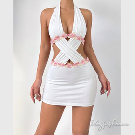 Halter self tie ruched hollow out mini dress