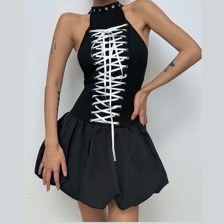 Lace up ruffle zip-up mini dress  | Festival Outfits Women-final-sale