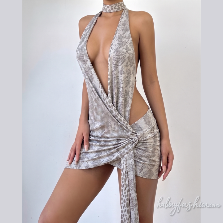 Snakeskin print halter ruched irregular mesh mini dress