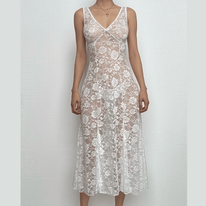 Sleeveless V neck rose pattern lace see through midi dress  | Festival Outfits Women