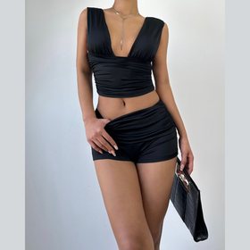 V neck ruched solid short pant set  | Festival Outfits Women-final-sale