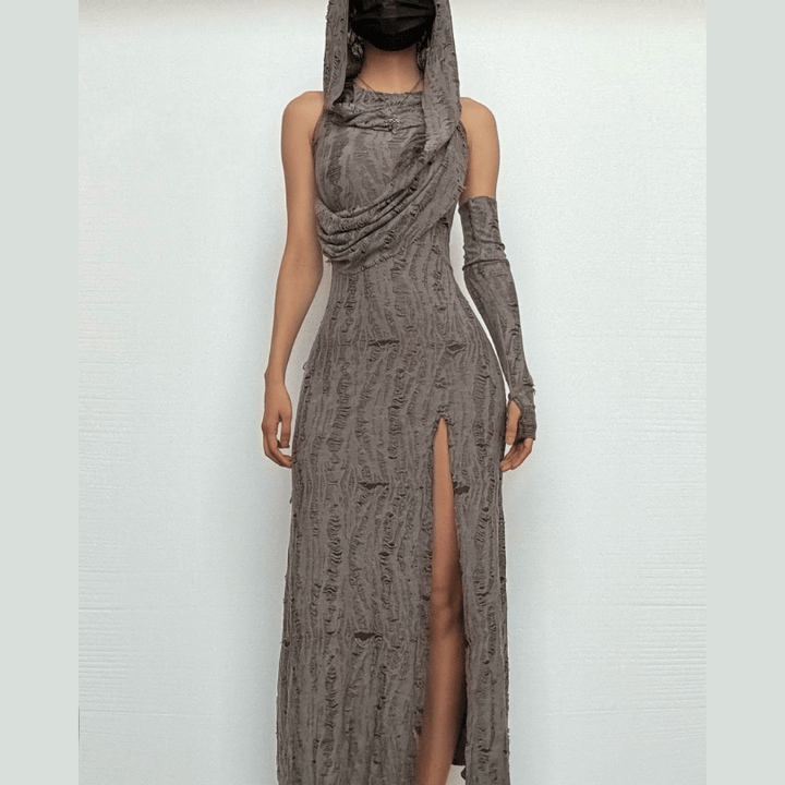 Hoodie ruched ruffle slit maxi dress-final-sale