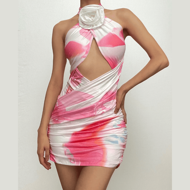 Flower applique cross front ruched contrast self tie mini dress-final-sale  | Festival Outfits Women