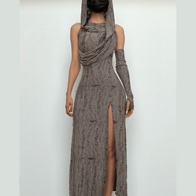 Hoodie ruched ruffle slit maxi dress  | Festival Outfits Women