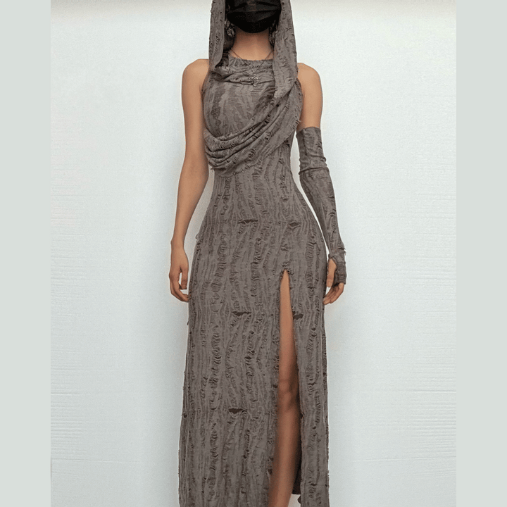 Hoodie ruched ruffle slit maxi dress  | Festival Outfits Women