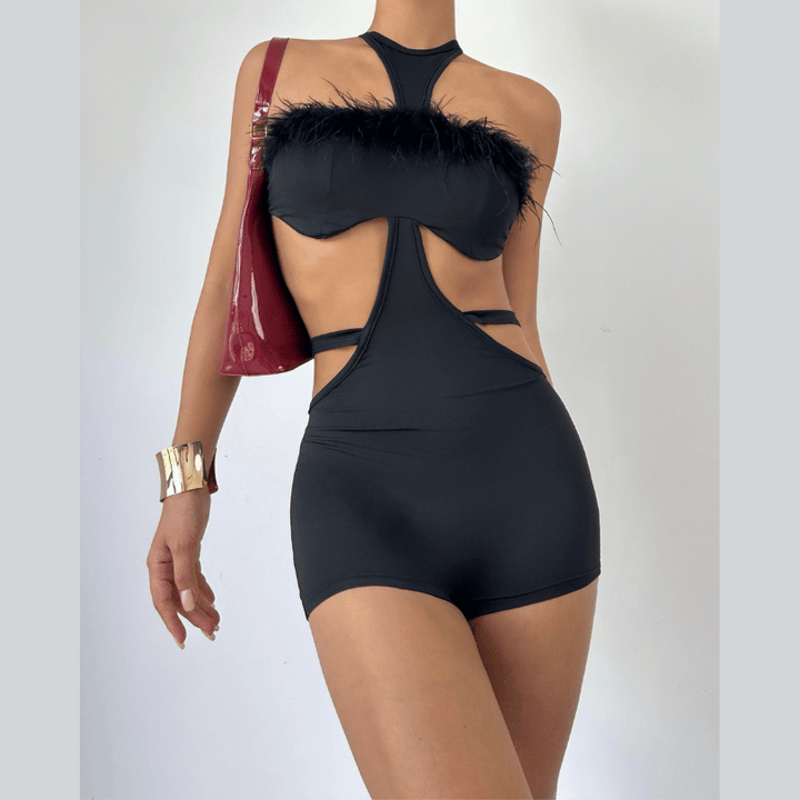 Self tie hollow out fluffy romper  | Festival Outfits Women-final-sale