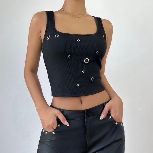 Ribbed square neck hollow out solid tank cut out top  | Festival Outfits Women