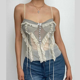 Mesh patchwork ruffle button contrast backless cami ruched skirt set-final-sale