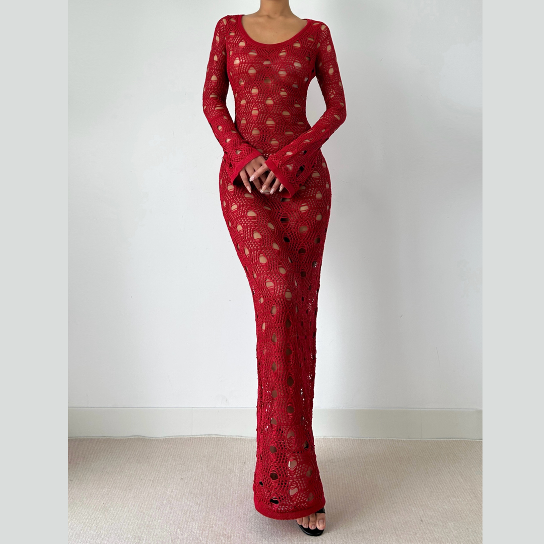 Long flared sleeve hollow out cut out maxi dress  | Festival Outfits Women-final-sale
