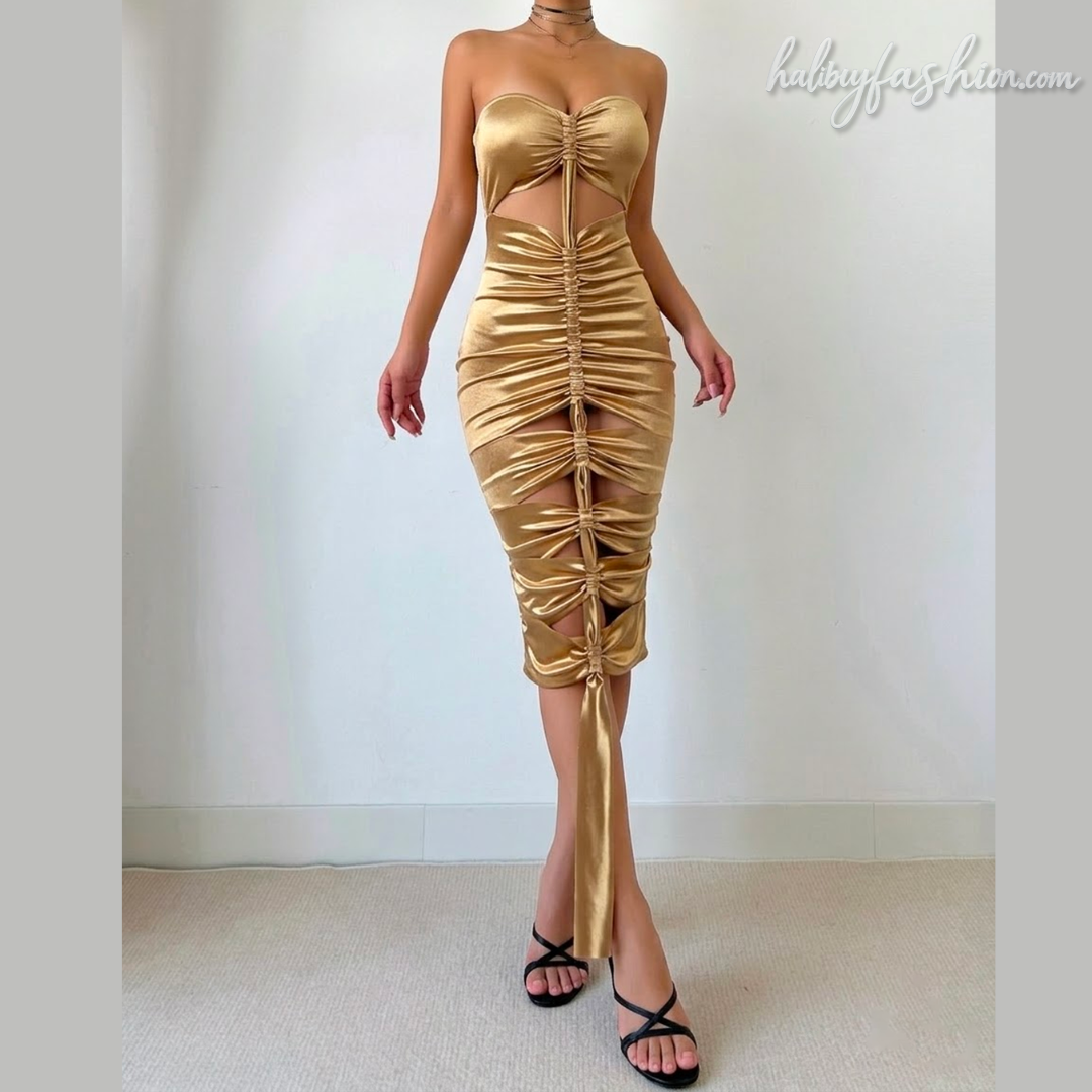 Hollow out ruched metallic tube mini dress  | Festival Outfits Women