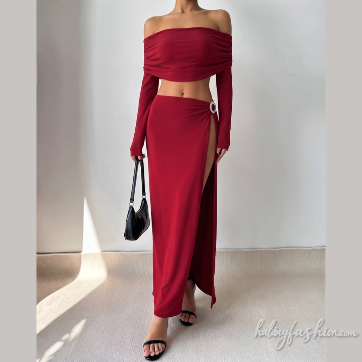 Off shoulder long sleeve o ring slit maxi dress  | Festival Outfits Women