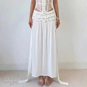Ruched drawstring solid maxi skirt