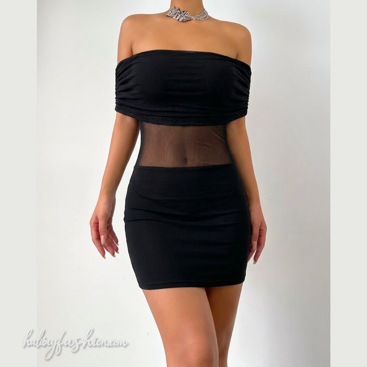 Off shoulder mesh backless solid mini dress  | Festival Outfits Women