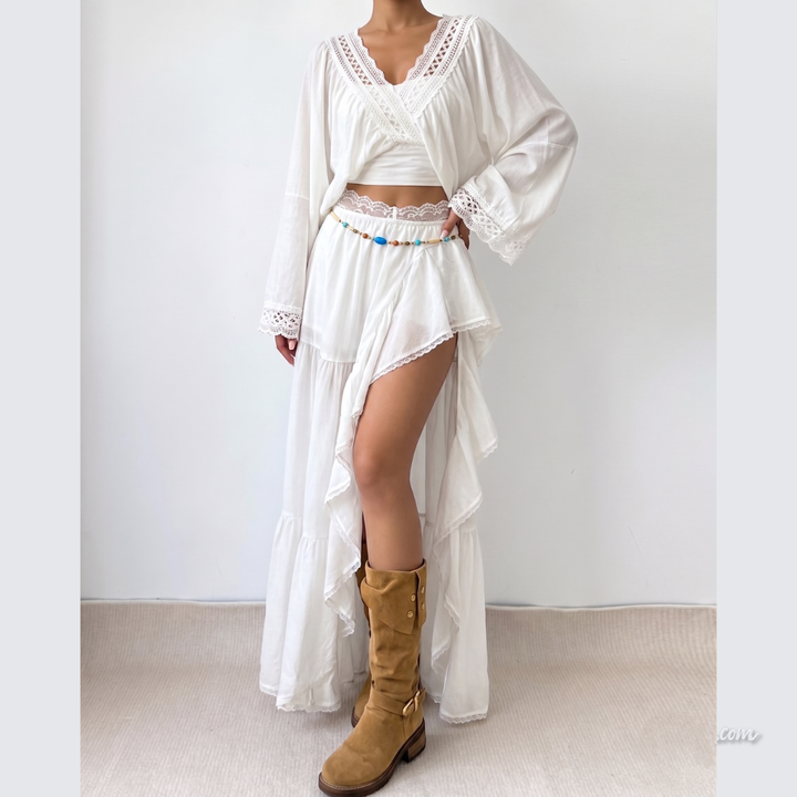 Long sleeve v neck ruched hollow out crop top - Halibuy - 2
