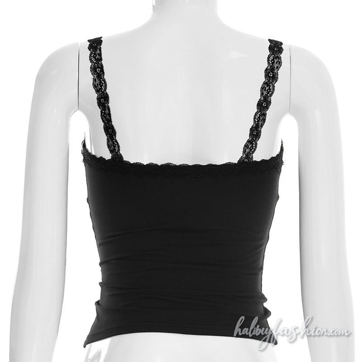 Lace hem v neck backless solid cami top